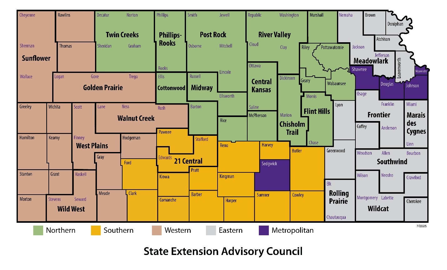 A color-coded map of the SEAC representation regions. A list of the local units in each region is provided above.