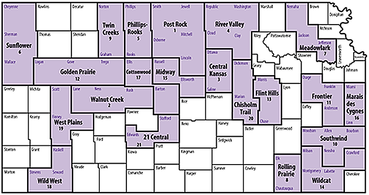 map showing Kansas counties and extension districts