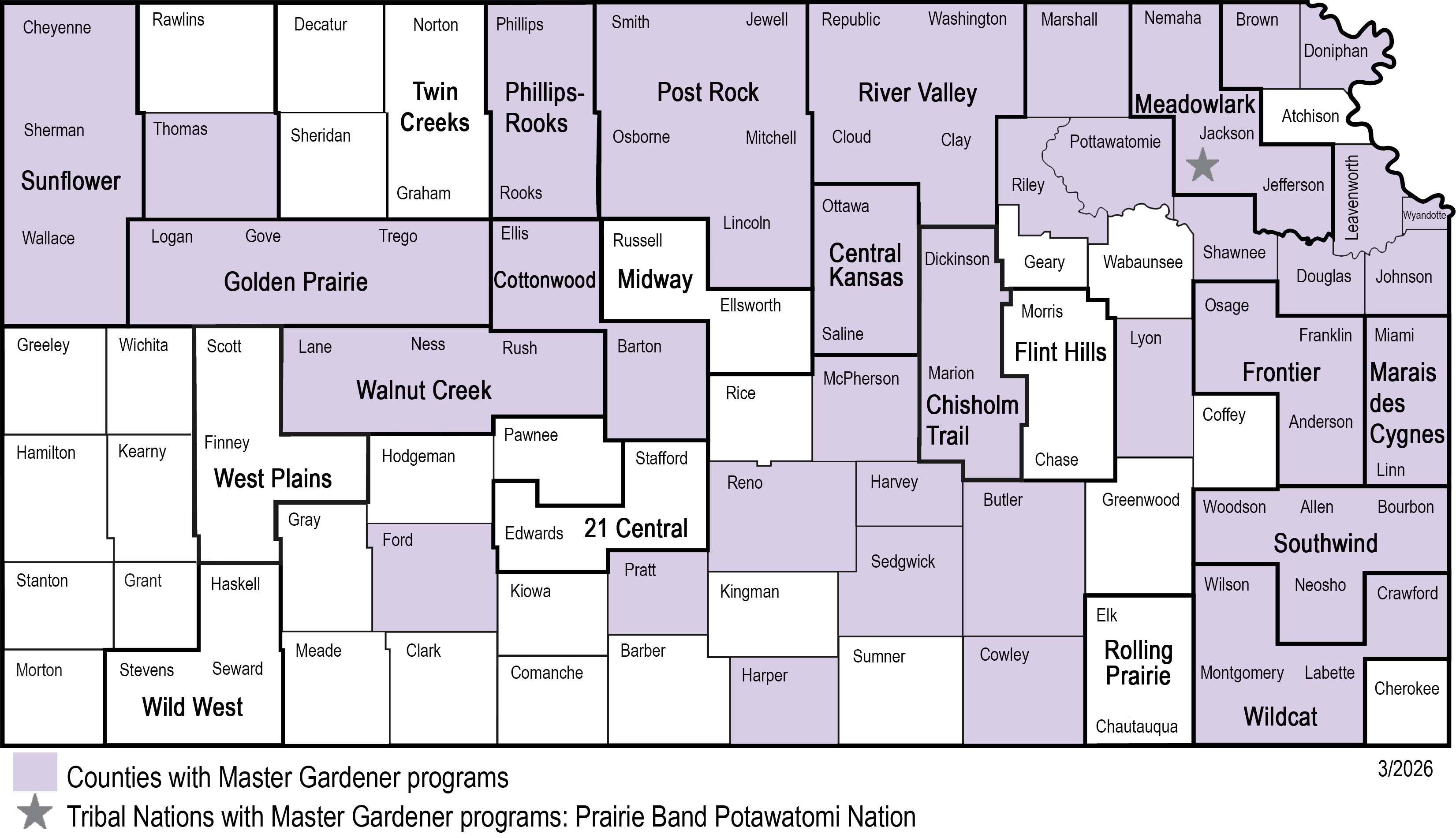 Map of participating Master Gardener programs in Kansas