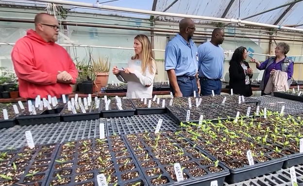 Individuals gathering in a greenhouse for the garden for good