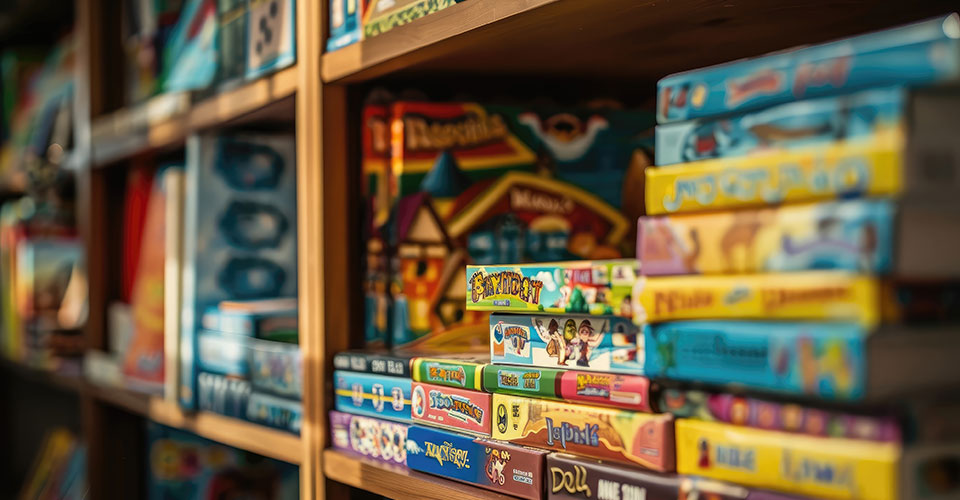 Long view of board games stacked on a shelf