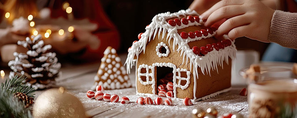 Closeup of gingerbread house