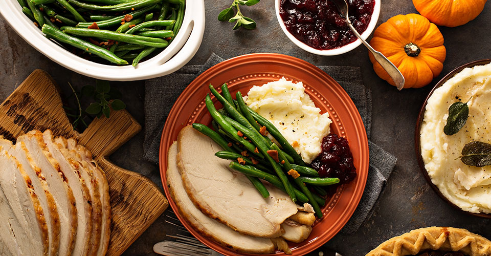 Top view of holiday meal on dinner table