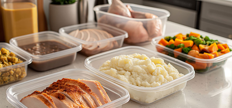 Closeup of holiday foods in small storage containers