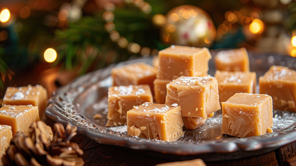 closeup of fudge on a plate with holiday decorations