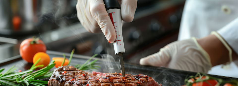 Food thermometer measuring the temperature of a steak.