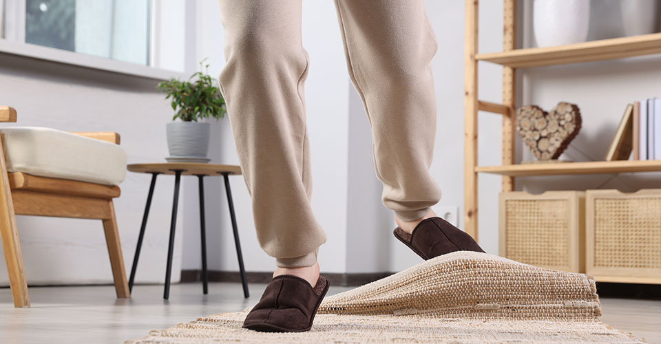 Closeup of woman's legs, tripping on floor rug