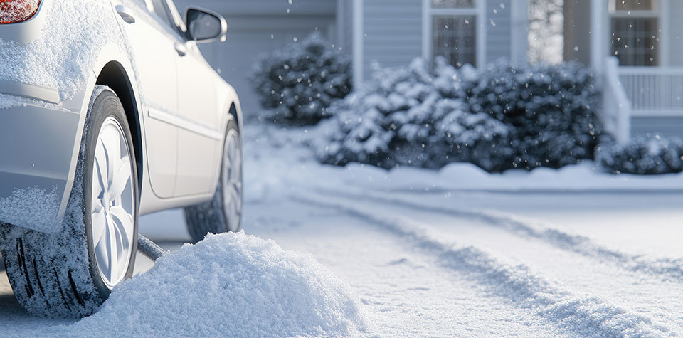 Closeup of car tires in wintry conditions