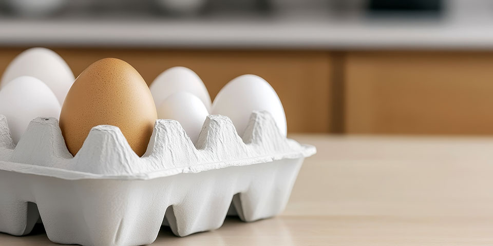 closeup, 1 brown egg and several white eggs in a gray carton