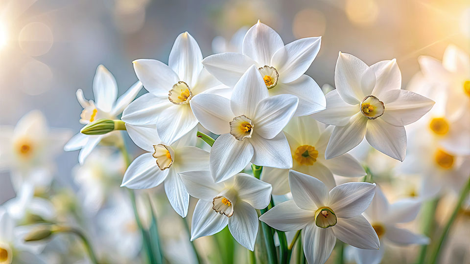 Closeup of paperwhite flower blooms