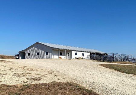 view of a country road leading to a tin metal building, cross country genetics