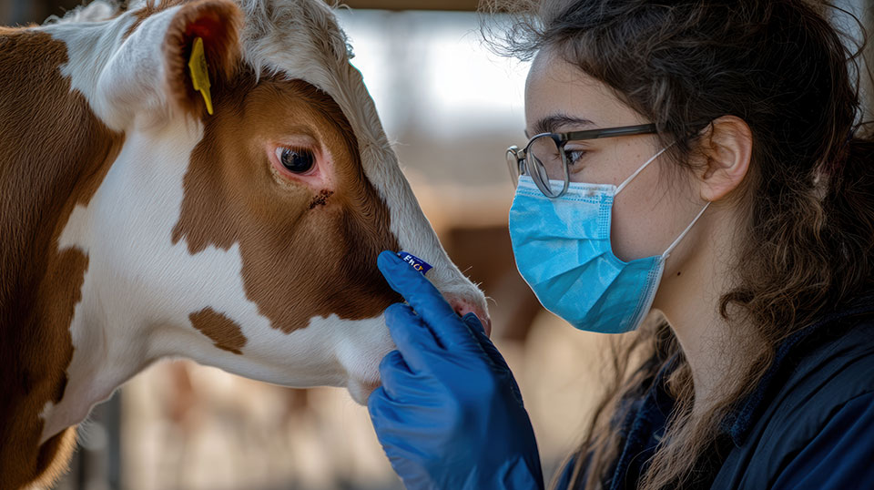 Young woman with blue mask covering her mouth and nose, in close contact with the face of a brown cow