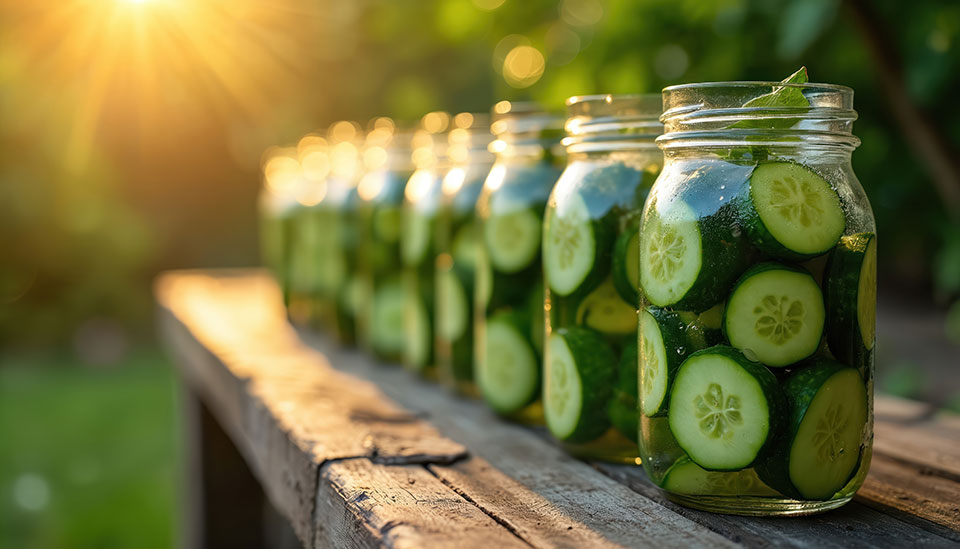 Line of glass jars with canned cucumbers on a wooden table in an outdoor garden Line of glass jars with canned cucumbers on a wooden table in an outdoor garden