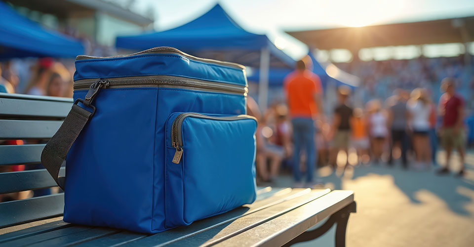 Blue canvas food cooler in foreground with lively scene, possibly at a county fair, blurred in the background
