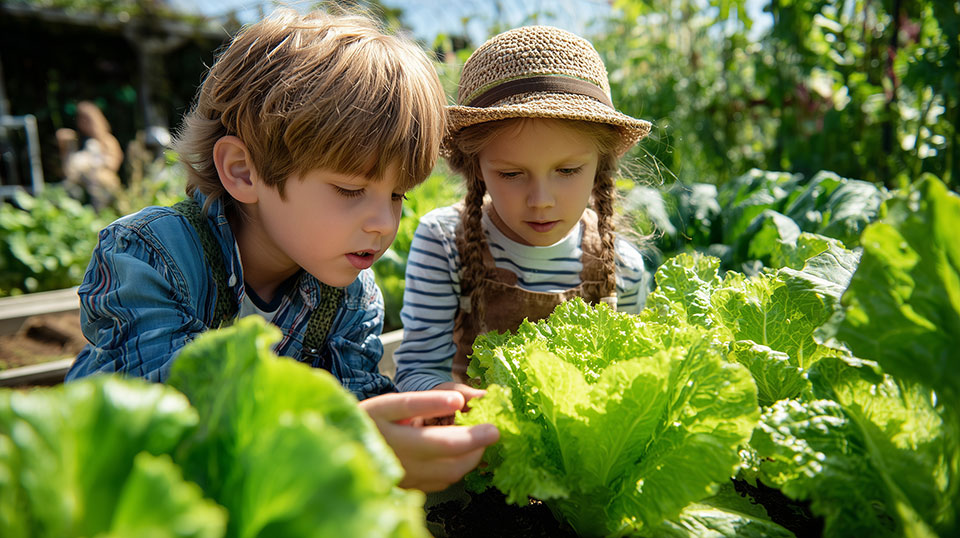 Boy with medium length hair and girl in straw hat looking what appears to be a healthy head of green lettuce Boy with medium length hair and girl in straw hat looking what appears to be a healthy head of green lettuce