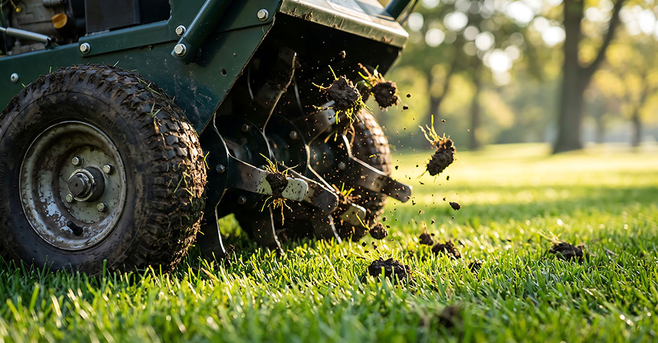 Closeup of a core aerator punches holes into the lawn, plugs of dirt and grass flying up into the air