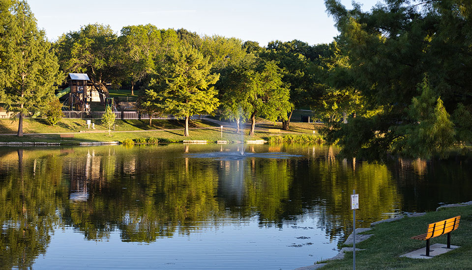 Majestic scene of pond surround by lush, green trees