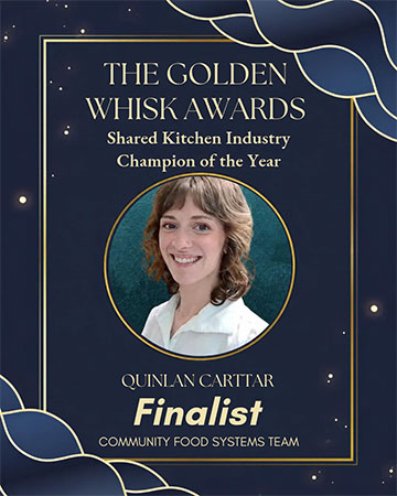 Black graphic with gold trim celebrating Quinlan Carttar as a finalist for the Golden Whisk Award